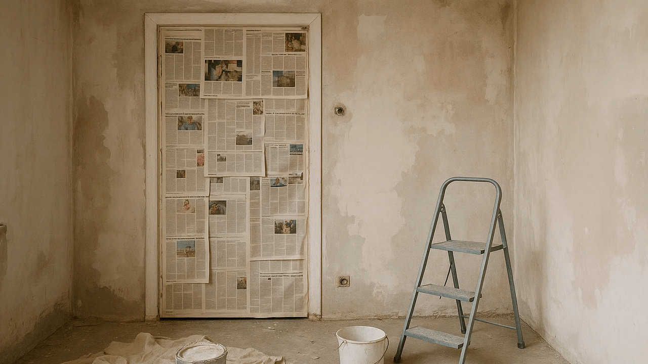 Дверь накрытая газетами Дверь накрытая газетами