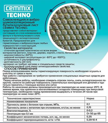 Виброшумоизоляция для автомобиля самоклеящаяся Cemmix Techno / Цеммикс Техно